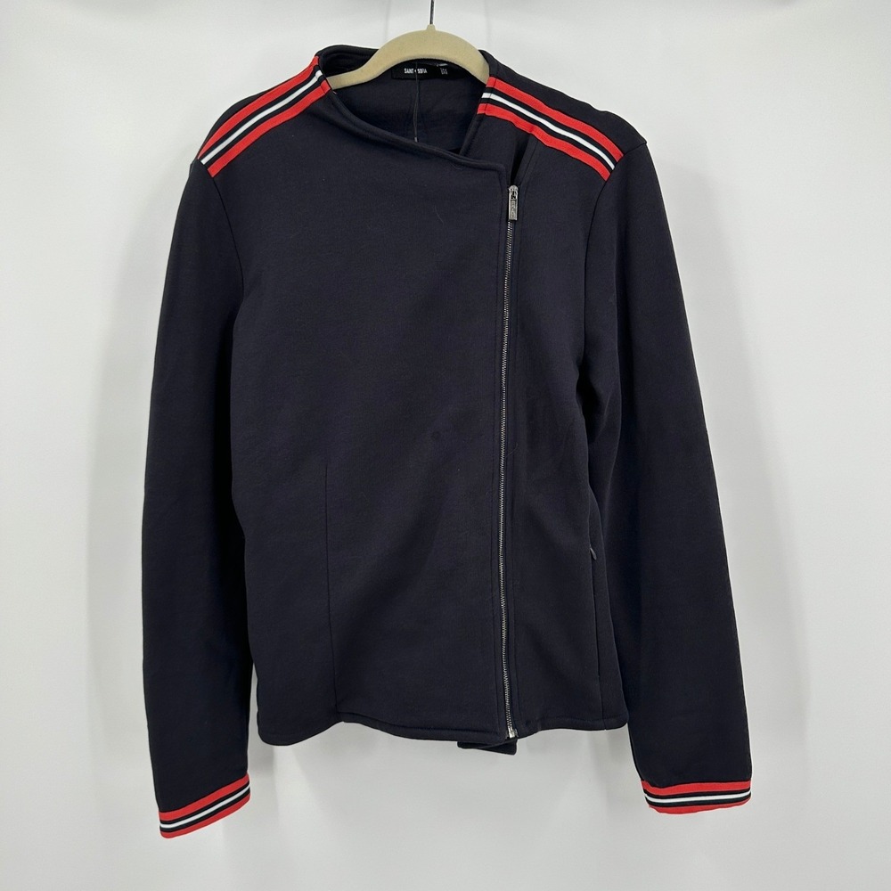 Saint + Sofia Womens Black Moto Jacket Size 12 Organic Cotton Racing Stripe